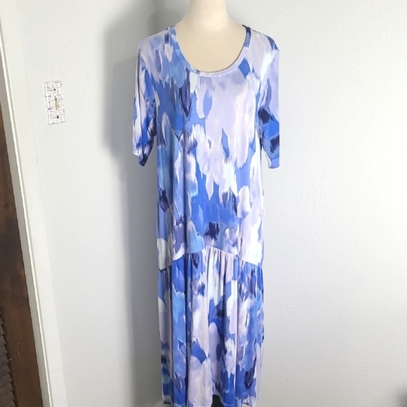 LOGO Blue & White Patterned Midi-Dress with Side Pockets, Size Large - Picture 1 of 11